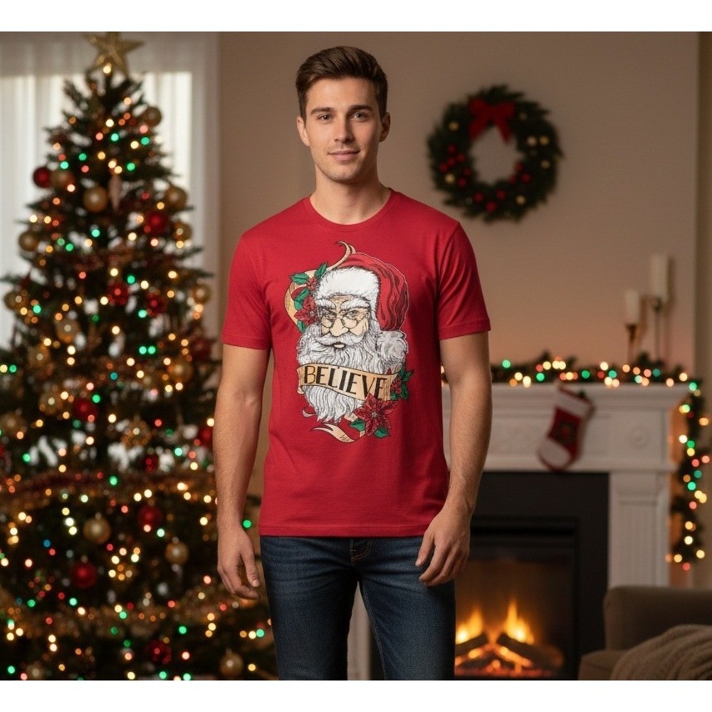 Holiday Time Men's Santa Claus‎ Believe Christmas T-Shirt Red Size L 42-44 NWT